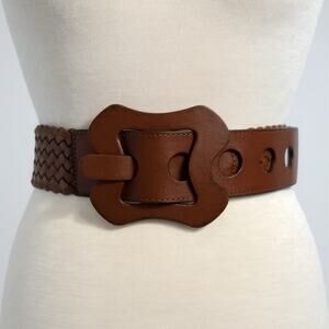 Wide Brown Leather Braided Belt Wide Chunky Buckle Structured - Women's Size S/M